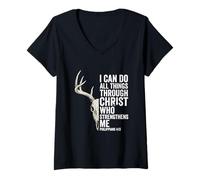 Women's I Can Do All Things Through Christ Hunting Deer V-Neck T-Shirt