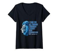 Women's I Can Do All Things Through Christ Lion Philippians 4:13 V-Neck T-Shirt