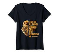 Women's I Can Do All Things Through Christ Lion Philippians 4:13 V-Neck T-Shirt