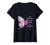 Womens I Can Do All Things Through Christ Pretty Butterfly V-Neck T-Shirt