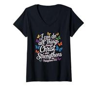 Womens I Can Do All Things Through Christ Religious Butterfly V-Neck T-Shirt