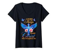Women's I Can Do All Things Through Christ Strength Faith V-Neck T-Shirt
