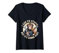 Women's I Can Fix Stupid But It's Gonna Hurt Funny Monkey V-Neck T-Shirt