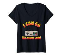 Womens I Can Go All Night Long Retro Gamer Classic Controller V-Neck T-Shirt