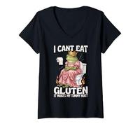 Women's I Cant Eat Gluten It Makes My Tummy Hurt Gluten Frog Meme V-Neck T-Shirt