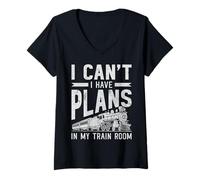 Womens I Can't I Have Plans in My Train Room Model Railroad Railway V-Neck T-Shirt
