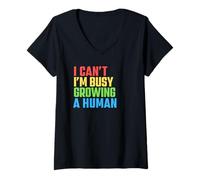 Womens I Can't I'm Busy Growing A Human Pregnant Pregnancy Motther V-Neck T-Shirt