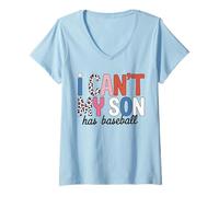 Women's I Can't My Son Has Baseball Mom Leopard Pattern Ball Game V-Neck T-Shirt