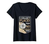 Women's I Collect Places That No Longer Exist Vintage Compass Map V-Neck T-Shirt
