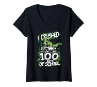 Womens I Crushed 100 Days of School Dino Truck 100th Day of School V-Neck T-Shirt