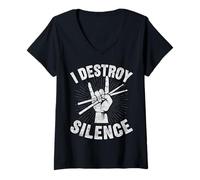 Womens I Destroy Silence Rock On Hand Sign Drummer Drumsticks V-Neck T-Shirt