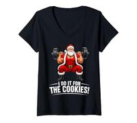 Women's I Do It for The Cookies Funny Weightlifting Santa Christmas V-Neck T-Shirt