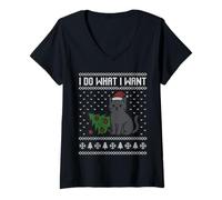 Womens I do what I want, cat and Christmas tree ugly sweater V-Neck T-Shirt