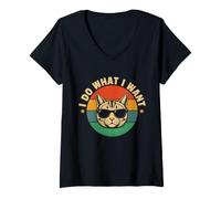 Women's I Do What I Want with My Cat Vintage Cat Lover V-Neck T-Shirt