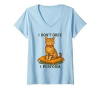 Womens I Don’t Obey Perform Sarcastic Regal Cat Vintage Graphic V-Neck T-Shirt