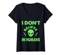 Womens I Don't Believe In Humans, Funny Aliens, UAP, UFO, Spaceship V-Neck T-Shirt