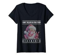 Womens I don't believe in you either santa claus chewing gum V-Neck T-Shirt