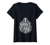 Women's I Don't Care Ornate Typography Inspiring Relaxing Funny Zen V-Neck T-Shirt