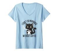 Womens I Don't Do Mornings Without Coffee Lover Grumpy Black Cat V-Neck T-Shirt