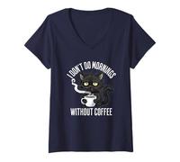 Womens I Don't Do Mornings Without Coffee Lover Grumpy Black Cat V-Neck T-Shirt