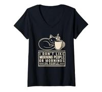 Women's I Don't Like Mornings Funny Introvert Feline Java Drink V-Neck T-Shirt