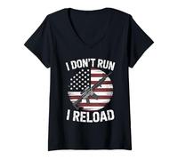 Womens I Don't Run I Reload AR 15 Rifle American Flag Patriotic V-Neck T-Shirt
