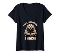 Women's I Don't Start Trouble I Finish Grizzly Bear V-Neck T-Shirt