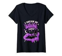 Women's I Dream of Witchy Things Black Cat Witch Halloween V-Neck T-Shirt