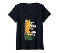 Womens I Eat Corn The Long Way Funny Vegetable Humor Food Lover V-Neck T-Shirt