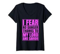 Women's I Fear No Danger Thanks to The Lord Scripture Jesus Bible V-Neck T-Shirt