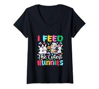 Women's I Feed The Cutest Bunnies Easter Bunnies Lunch Lady Job Team V-Neck T-Shirt