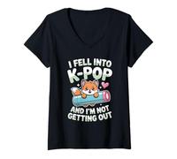 Womens I Fell Into K-Pop and I’m Not Getting Out Kawaii Fox Lover V-Neck T-Shirt