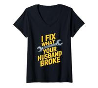Womens I Fix What Your Husband Broke Wrench Mechanic Handyman Humor V-Neck T-Shirt