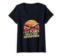 Womens I Fly Planes Whats Your Superpower Pilot Aviation V-Neck T-Shirt