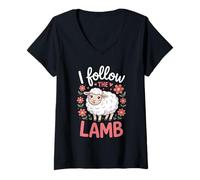Womens I Follow The Lamb Cute Christian Sheep Design V-Neck T-Shirt