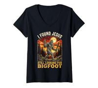 Women's I Found Jesus Still Looking Bigfoot V-Neck T-Shirt