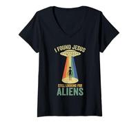 Women's I Found Jesus Still Looking for Aliens Retro Vintage V-Neck T-Shirt