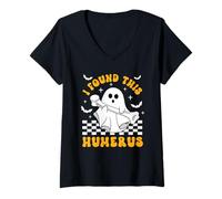 Womens I Found This Humerus Funny Halloween Ghost Bone V-Neck T-Shirt