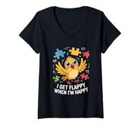 Womens I Get Flappy When I'm Happy Cute Autism Awareness Bird V-Neck T-Shirt