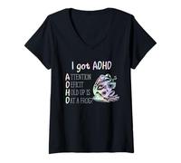 Womens I Got ADHD Attention Deficit Hold Up is Dat A Frog Design V-Neck T-Shirt