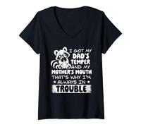 Women's I Got My Dad's Temper Mother's Mouth Raccoon Funny V-Neck T-Shirt