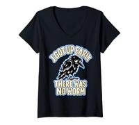 Women's I Got Up Early There was No Worm Grumpy Cute Raven V-Neck T-Shirt