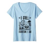 Womens I Grill Therefore Barbecue Funny BBQ Philosophy Pun V-Neck T-Shirt