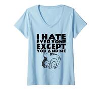Womens I Hate Everyone Except You and Me (Funny Cat Graphic) V-Neck T-Shirt