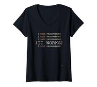Women's I Hate Love Programming Funny Code Works Sarcastic Debugging V-Neck T-Shirt