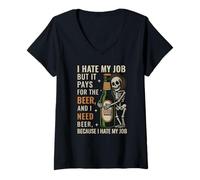 Womens I Hate My Job But It Pays Me for The Beer Skeleton Retro V-Neck T-Shirt