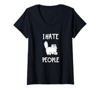 Womens I Hate People Funny Cat V-Neck T-Shirt