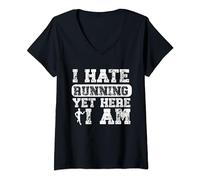 Womens I Hate Running Yet Here I Am Funny Running Marathon Runner V-Neck T-Shirt