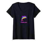Women's I Hate You Rainbow Dolphin Funny V-Neck T-Shirt