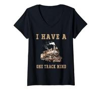 Women's I Have A One Track Mind Train Engine Railroad V-Neck T-Shirt